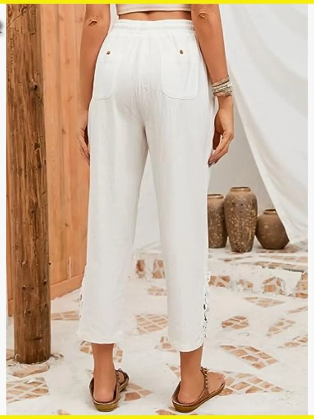 Casual Lightweight Cotton Capri Pants with Drawstring Waist and Lace Detail